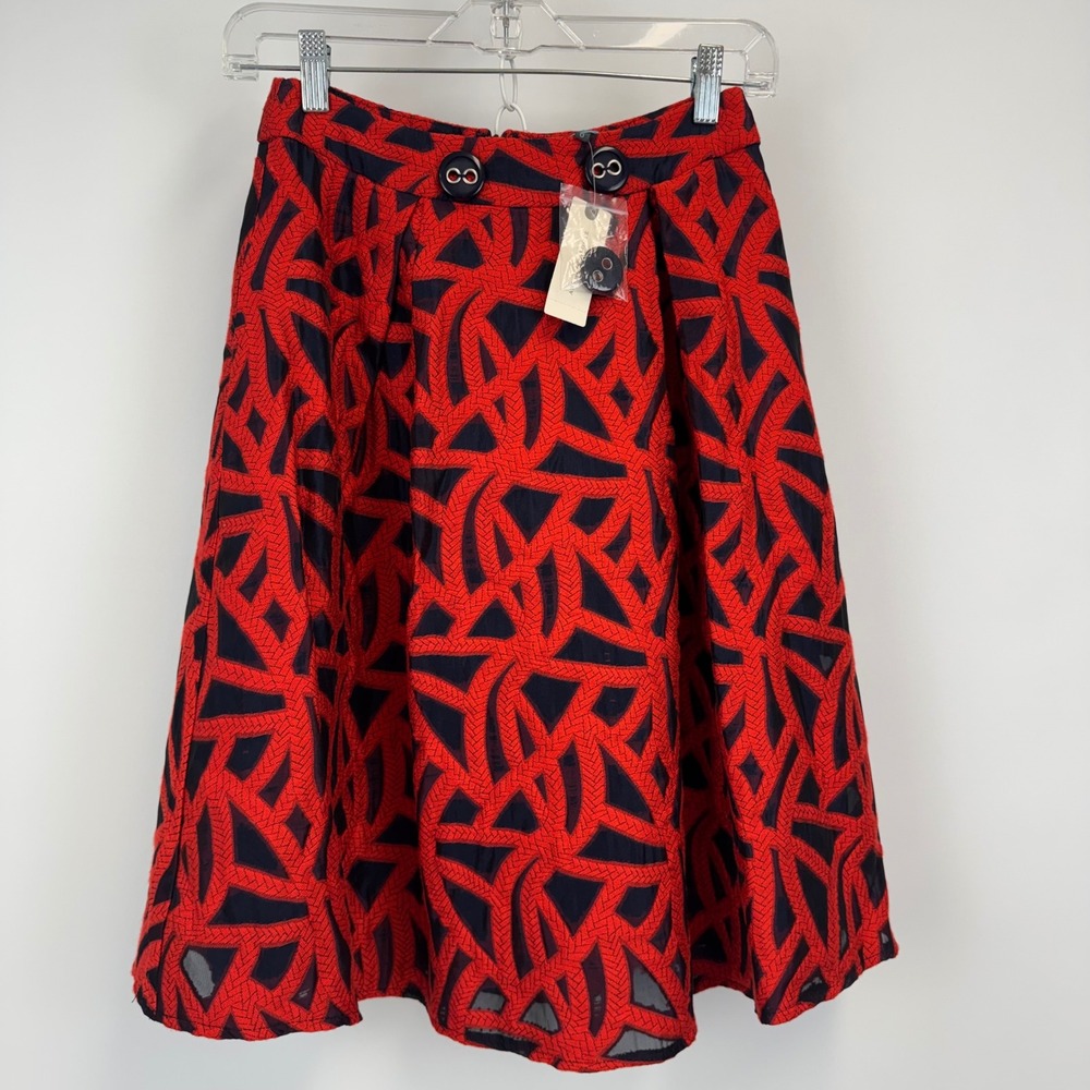 Eva Franco Red Navy Geometric Abstract Pleated A-Line Skirt JQ7286AN Size 0 NEW